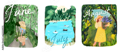 Vector Summer posters set, Summer months romantic landscapes and characters. Printable vector banners, greeting cards, posters, invitations, postcards