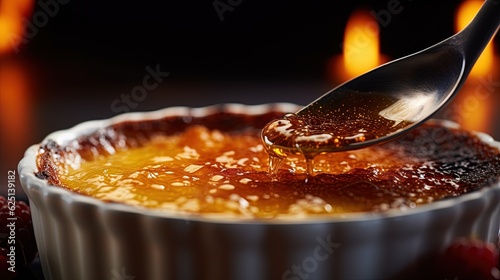  a spoon is pouring honey into a bowl of fruit pie. generative ai