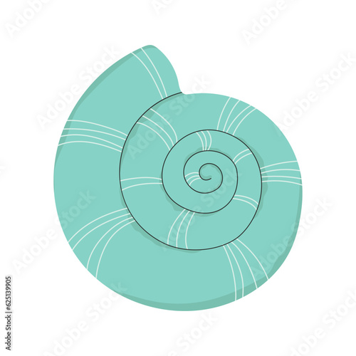 Snail sea shell. Marine underwater twisted seashell of spiral shape. Undersea mollusc. Swirled mollusk, shellfish. Under water conch, clam. Flat vector illustration isolated on white background