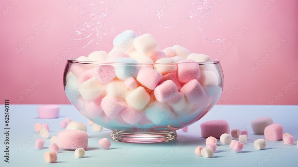  a glass bowl filled with marshmallows on top of a table.  generative ai