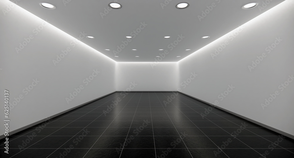 interior empty room modern style black floor and white walls decorated led Lightingt showroom in 3D rendering.
