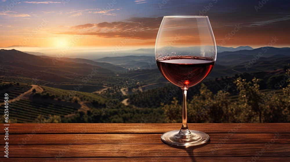  a glass of wine on a table with a view of mountains.  generative ai