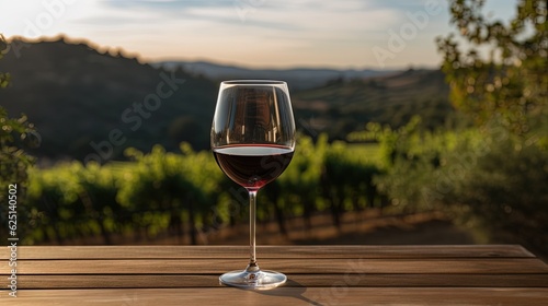  a glass of red wine sitting on a wooden table outside. generative ai