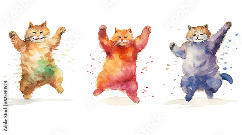 drawing collection cats dancing watercolor multicolored on a white background, generative AI