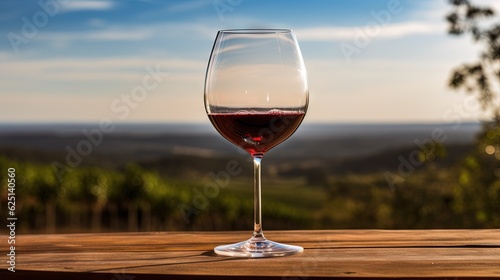  a glass of red wine on a wooden table with a view. generative ai