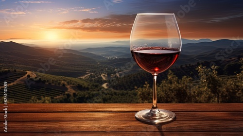 a glass of wine on a table with a view of mountains. generative ai