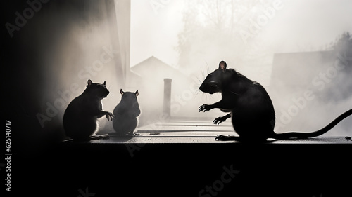 black and white silhouettes of rats in the fog and live disinfection destruction of rodents. Generative AI