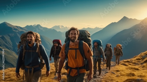 Group of hikers walking on a mountain, Trekking and activity.
