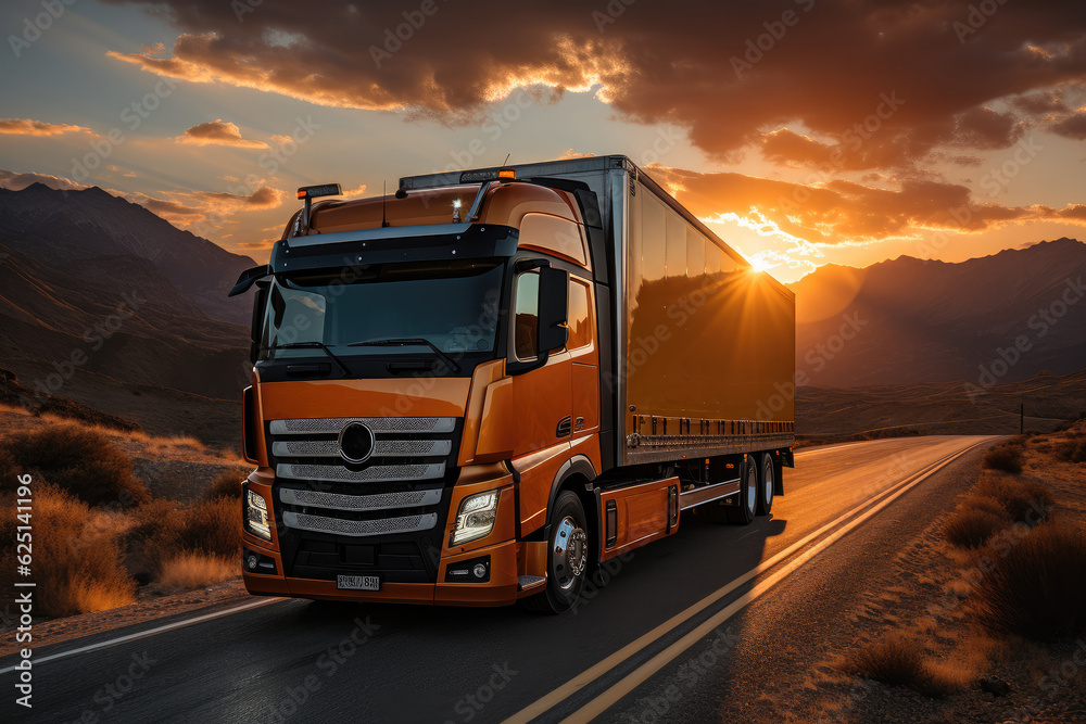 Semi truck on the road, A semi truck carrying vital freight to businesses and consumers drives along the highway during sunset.