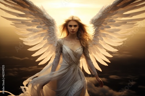 Woman in white dress with angel wings.