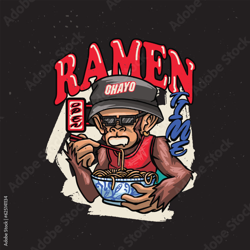a Monkey eating ramen noodles. Vector illustration on a black background for streetwear clothing