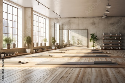 Yoga mat on natural wooden floor in empty room in fitness center, Modern yoga class room with nobody, Training, Fitness center interior.