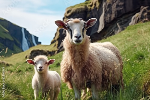 Goat with babies on a green lawn at mountain.