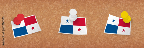 Panama flag pinned in cork board, three versions of Panama flag.