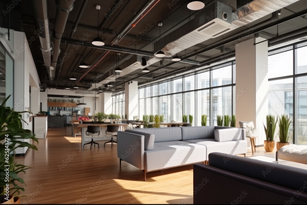 Spacious and contemporary office lounge with soft and comfortable couch, Large windows. Spacious and contemporary office lounge with soft and comfortable couch, Large windows.