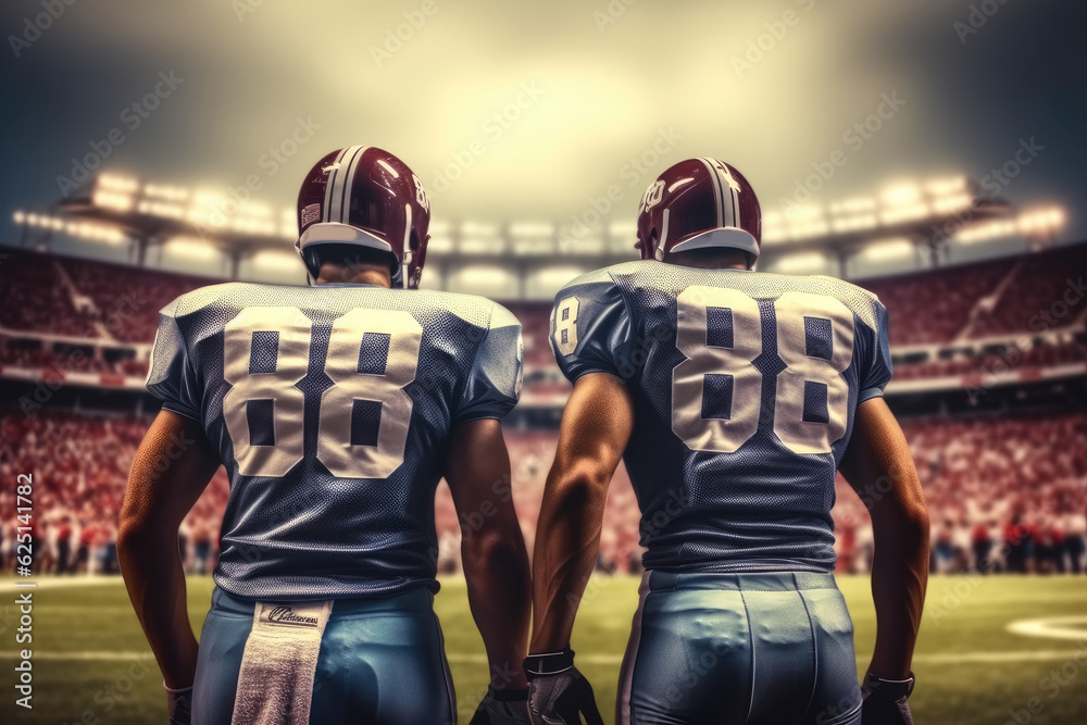 Fototapeta premium Rear view of American football player against American football arena, Concept of teamwork at stadium.