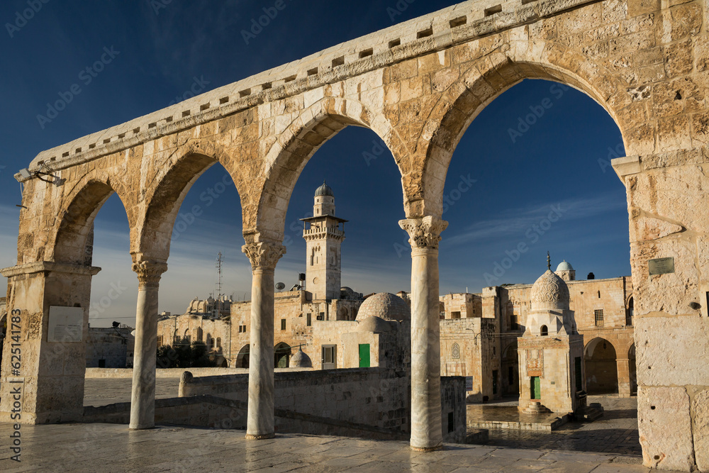 Bab al-Silsila minaret through the gateway arches of the Temple Mount in the Old City of Jerusalem