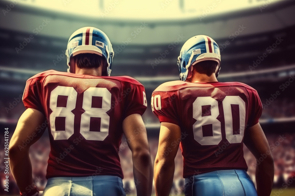 Fototapeta premium Rear view of American football player against American football arena, Concept of teamwork at stadium.