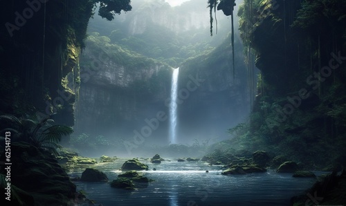  a waterfall in the middle of a forest with a body of water.  generative ai
