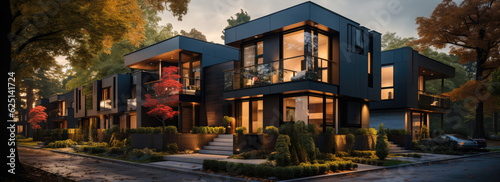 Modern townhouses, Design of urban living residences, Residential architecture exterior.