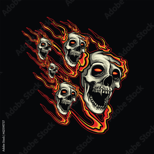 Skulls with fire flames on black background. Vector illustration for streetwear needs.