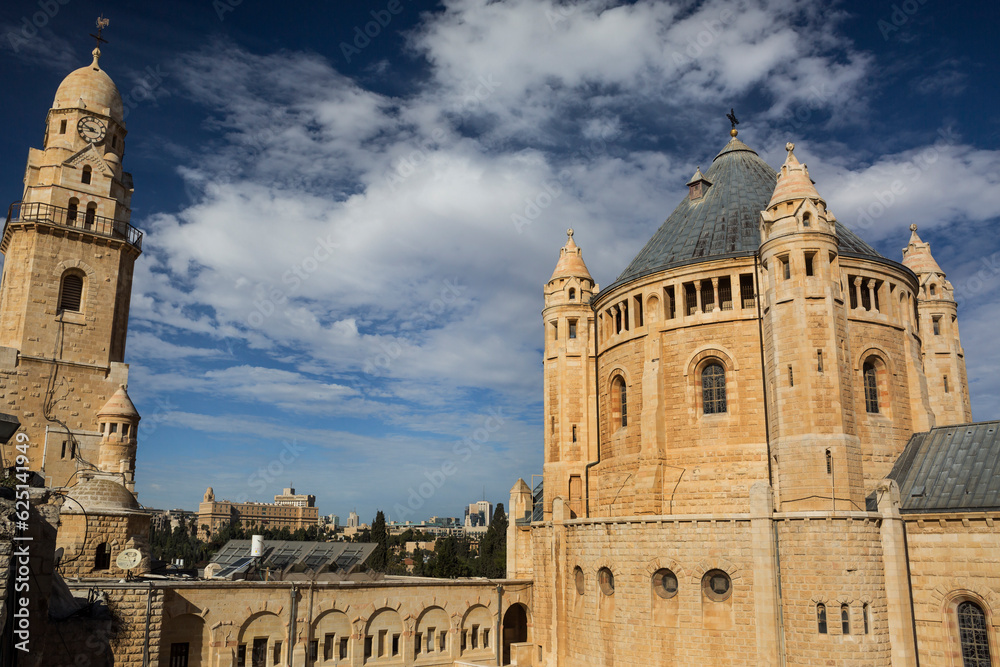 The Cenacle (or the Upper Room) tower and the Abbey of the Dormition in Jerusalem