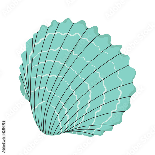 Sea shell, clam. Marine undersea mollusc. Scallop mollusk icon. Ocean underwater seashell. Exotic beach fan-shaped clamshell. Nautical shellfish. Flat vector illustration isolated on white background