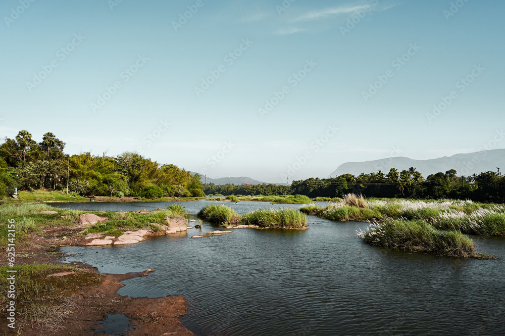 An Aesthetic view of a landscape with river and trees