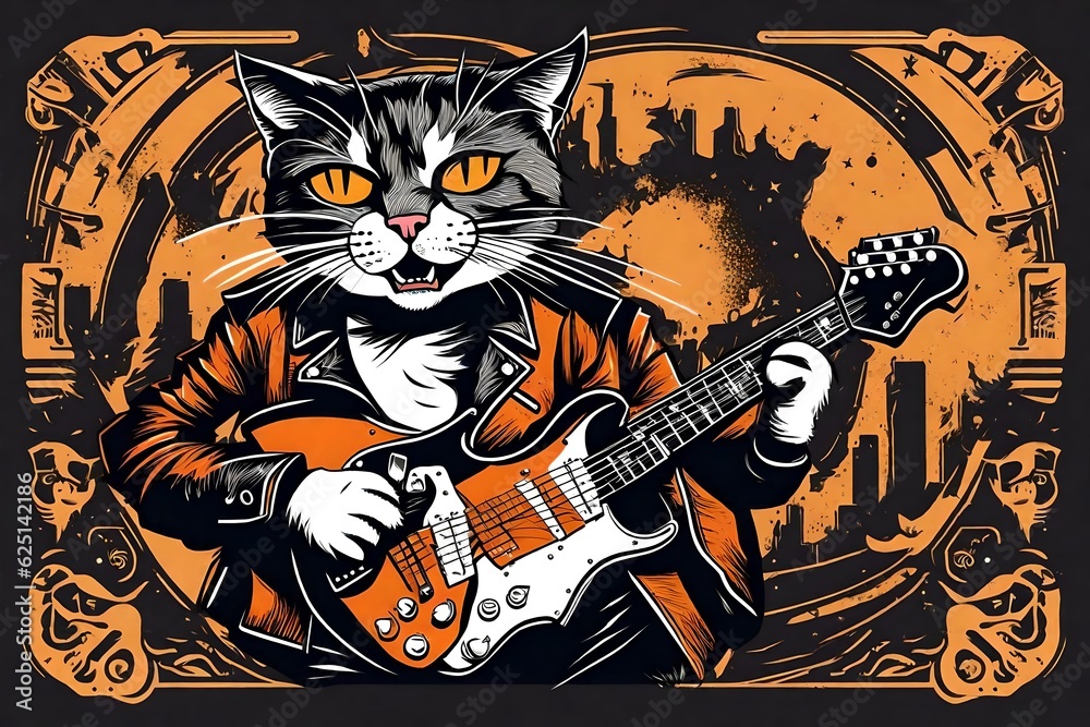 Cartoon image of a rock and roll cat playing a guitar.