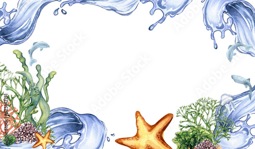 Board of sea plants  coral  starfish watercolor illustration isolated on white background. Pink seaweed  water wave  laminaria hand drawn. Design element for package  label  marine collection