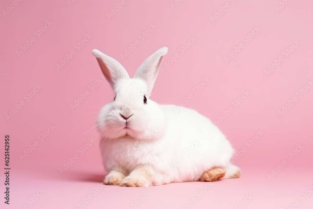 Fototapeta premium Portrait of white fluffy rabbit isolated on flat pink background with copy space. Pretty hare, studio shot.