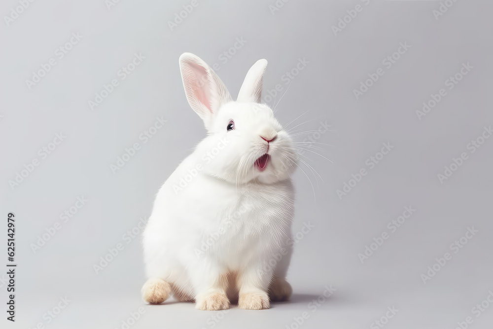 Fototapeta premium Portrait of white fluffy rabbit isolated on flat grey background with copy space. Pretty hare, studio shot.