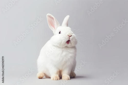 Portrait of white fluffy rabbit isolated on flat grey background with copy space. Pretty hare, studio shot. © SnowElf