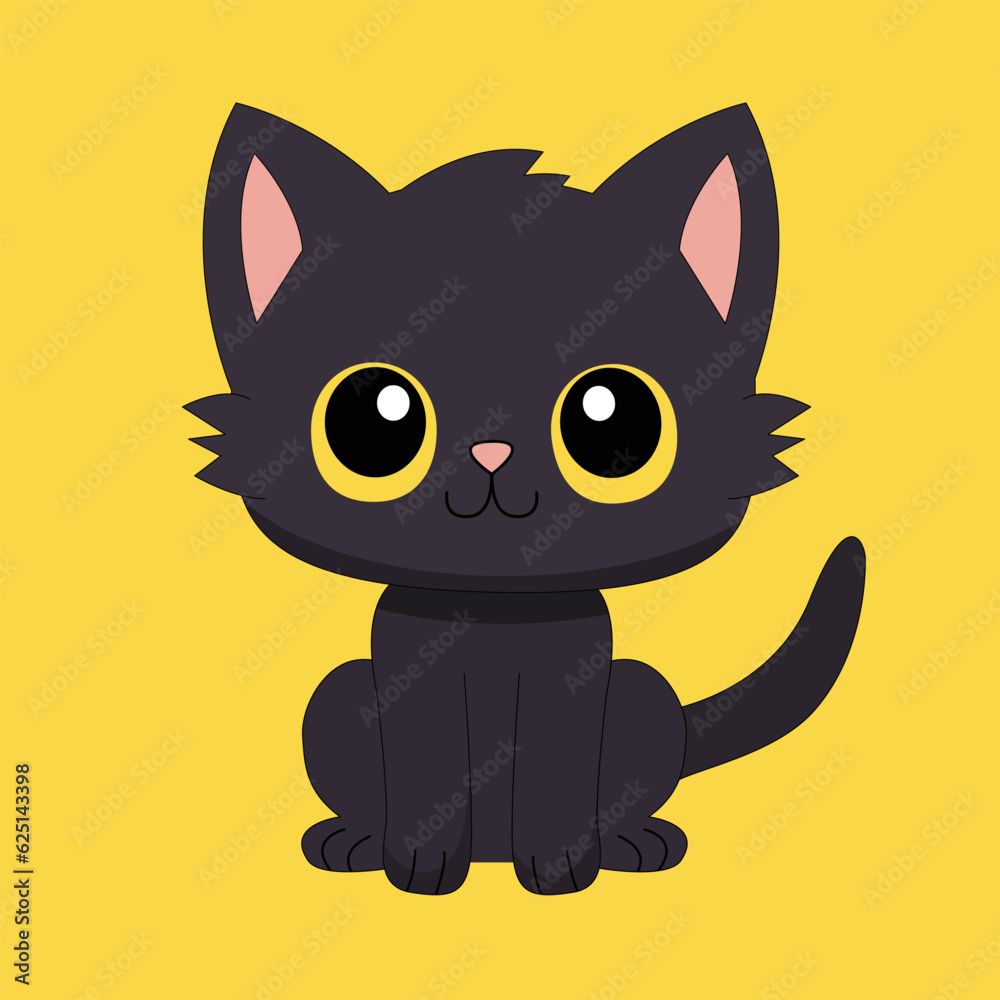 Cute black cat sitting. Head face silhouette icon. Kitten with yellow eyes. Cartoon funny baby character. Funny kawaii animal. Pet collection. Sticker print. Flat design. Yellow background. Cute black cat sitting. Head face silhouette icon. Kitten with yellow eyes. Cartoon funny baby character. Funny kawaii animal. Pet collection. Sticker print. Flat design. Yellow background.