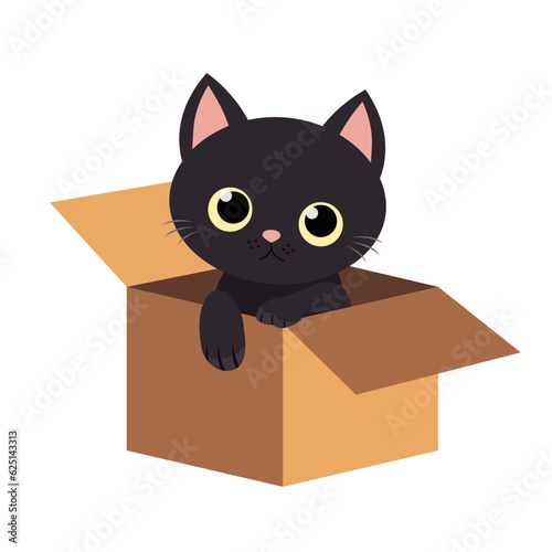 Cute black cat inside opened cardboard package box. Adopt me. Pet adoption. Kitten with big yellow eyes. Flat design style. Help homeless animal concept. Paw print. White background. Isolated.