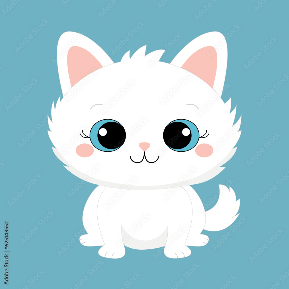 White cat sitting. Kitten with blue eyes. Head face silhouette icon.Cute cartoon funny baby character. Funny kawaii animal. Pet collection. Sticker print. Flat design. Blue background. Isolated.