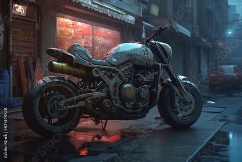 Futuristic sci-fi cyberpunk sports bike motorcycle with neon lights, night city, cyberpunk motorcycle background ,generative AI