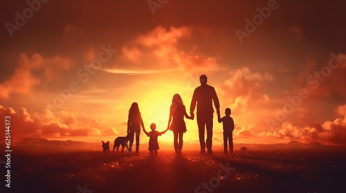 Happy family at sunset background. Generative AI