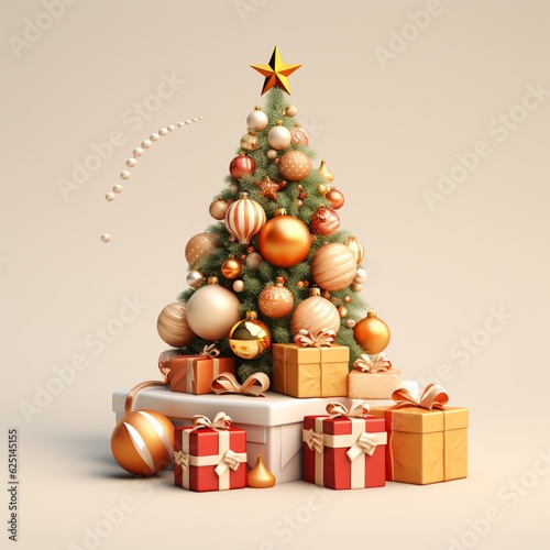 Minimal 3D Render Merry Christmas Tree and Gifts