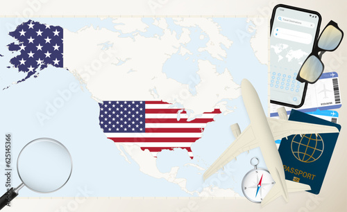 USA map and flag, cargo plane on the detailed map of USA with flag.