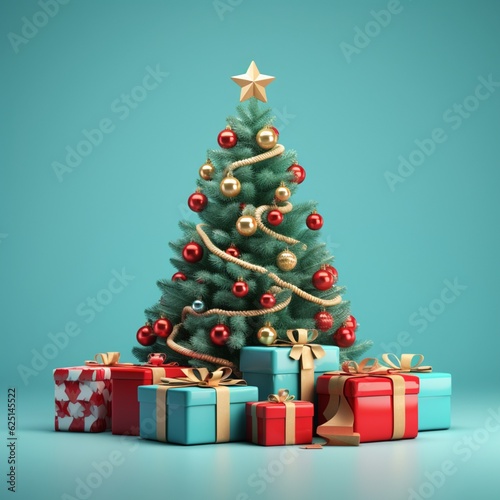 Minimal 3D Render Merry Christmas Tree and Gifts