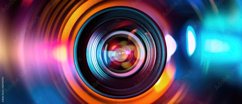 Video camera lens close up. 21 to 9 aspect ratio. Generative AI - obrazy, fototapety, plakaty 
