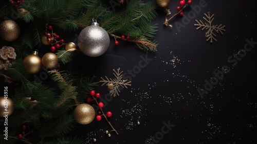 Christmas ornaments with gift boxes , fir and copy space