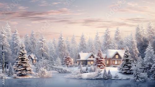 A beautiful outdoor christmas scene illustration of a christmas house with snow winter landscape in a village