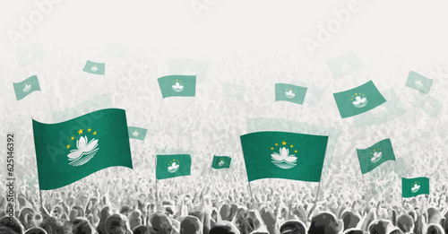 Abstract crowd with flag of Macau. Peoples protest, revolution, strike and demonstration with flag of Macau.