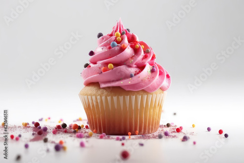 Close-up of vanilla biscuit cupcake with pink swirl of whipped cream on top isolated on white background. Delicious muffin with sprinkles in a paper cup.