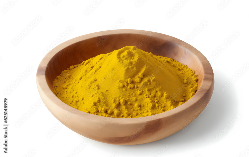 Turmeric powder in a wooden bowl isolated on white background. Turmeric powder in a wooden bowl isolated on white background.