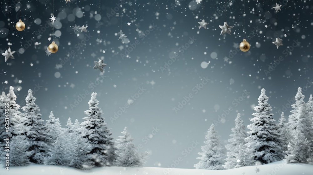 Magical Christmas Night Winter Snowy Background with Reindeer and Trer