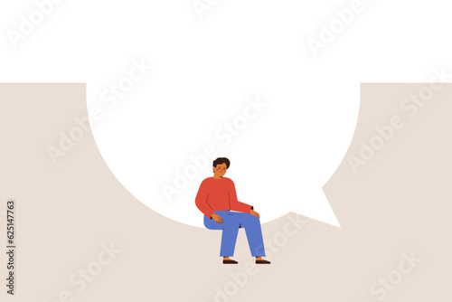Difficult communications. Sad man sits on the edge of big speech bubble. Depressed male has internal herself dialogue and suffers from anxious thoughts. Mental health concept. Vector illustration