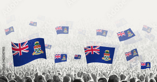 Abstract crowd with flag of Cayman Islands. Peoples protest, revolution, strike and demonstration with flag of Cayman Islands.